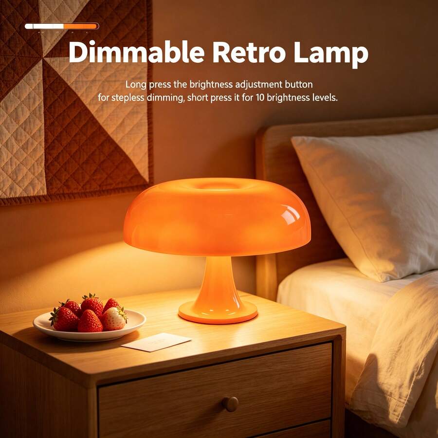 Orange Mushroom LED Desk Lamp 9.84in, Retro USB Table Light For Bedroom, Study, Office, Adjustable Brightness - Orange - View 1