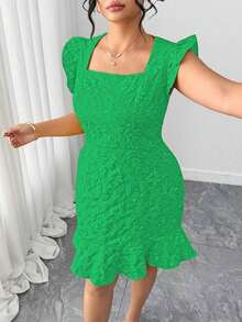 Vestido de mujer talla grande de primavera/verano de caliente con cuello cuadrado, elegante, ajustado, de manga corta, con volantes en el bajo tipo cola de pez, diseño de cintura minimalista, adecuado para el uso diario, ocasiones formales, fiestas y eventos de club - Verde - Ver 3