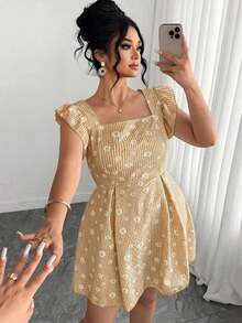 Vestido de línea A con cuello cuadrado y mangas abullonadas con estampado de margaritas para mujer de talla grande, vestido de manga abullonada con estampado de margaritas a rayas azules retro y dulce, vestido corto de cuello cuadrado y manga corta con estampado floral pequeño y versátil para el verano, adecuado para uso diario, compras o reuniones con amigos - Amarillo - Ver 6