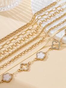 7pcs Summer New Vacation Beach Style Elegant Classic Versatile Chain Hollow Clover & Sweet Five-Leaf Clover Anklet Set For Women - White - View 4