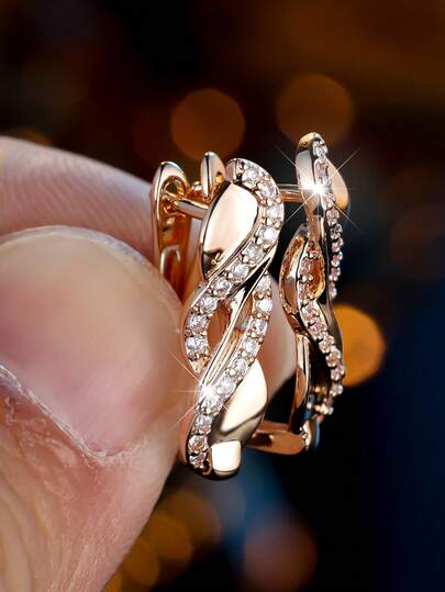Vanel 1Pair Luxury Golden Earrings, Intricate Twisted Huggie Setting With Pave Clear CZ, Elegant Gift