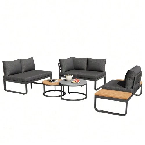 Garden Furniture Set (4-5 Seats), 2 Stackable Coffee Tables, Galvanized Iron Frame, Comfortable Garden Furniture, Grey Cushions And Pillows Included, With Adjustable Legs. - Grey - View 1