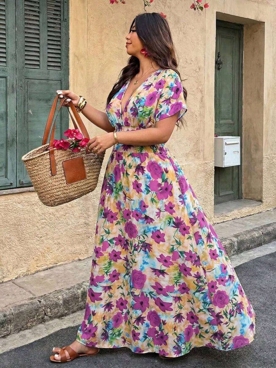 Weeklong Vestido de mujer talla grande con cuello en V profundo y estampado aleatorio - Multicolor 10 - Ver 1