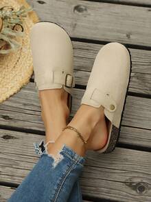 Women's Casual Black Mule Shoes With Adjustable Ankle Strap - Soft Faux Suede And Cushioned Insole (Comfortable Work Shoes), Bohemian Buckle Decor, Non-Slip Soft Bottom, Velvet Material, Solid Color Round Toe, Slip-On Mule Flats, European And American Casual Style, Suitable For Spring/Autumn, Home, Commute, Shopping, Travel, Daily Wear - Beige - View 3