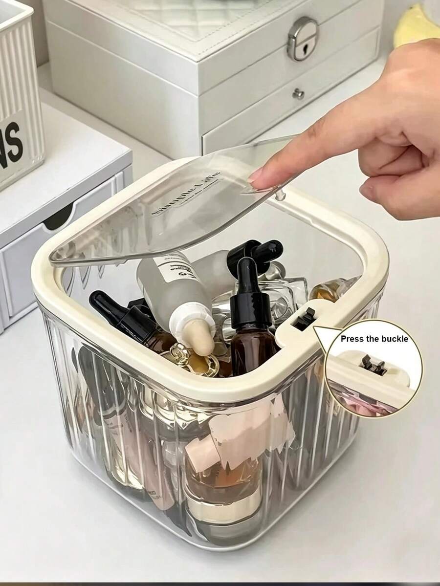 可堆叠透明化妆品收纳盒，带盖，大容量护肤品和化妆品整理盒，防尘透明美妆收纳盒，适用于梳妆台、浴室、卧室，PET塑料桌面收纳盒，可收纳口红、精华液、香水、发饰等，多功能收纳盒，适用于家庭和宿舍