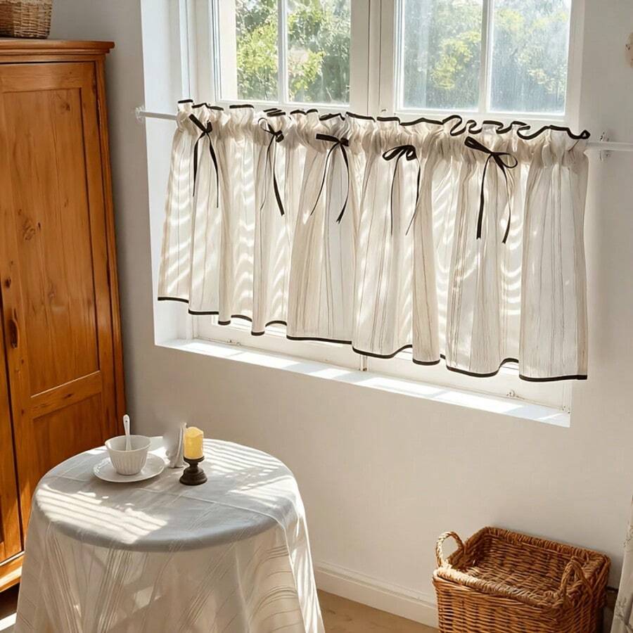 1pc Japanese Retro Striped Linen-Like Bow Decorative Short Curtain Panel, Rod Pocket, Suitable For Kitchen, Cabinet, Living Room, Farmhouse, Vacation Home Decor - White 1pc - View 1