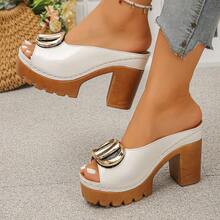 Women's High Heel Sandals Metal Buckle Wide Fit Lightweight Comfortable Chunky Heel Casual Commute Slip-On Slides Minimalist Summer, Platform Heels - White - View 5