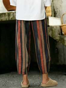 Women's Fashion Casual Loose Contrast Striped Retro Print Capri Pants With Pockets Vacation - Multicolor - View 4
