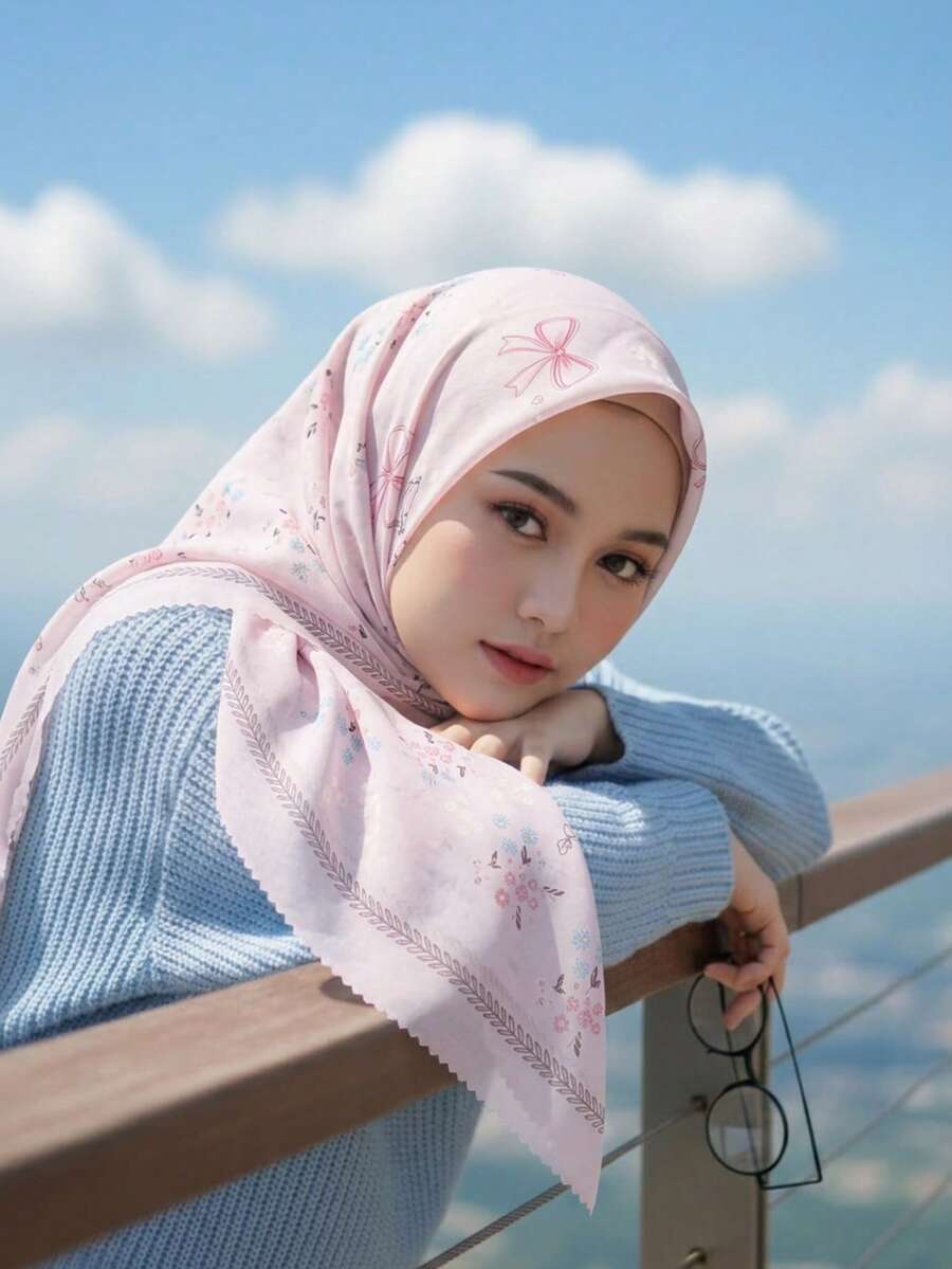 1条女士110厘米时尚印花方巾，薄纱头巾，轻盈柔软透气，用途广泛，优雅印花雪纺围巾，时尚防晒装饰头巾，多功能方巾，适合日常佩戴，四季皆宜，假日适用 - 淺粉紅色花朵 - 查看 1