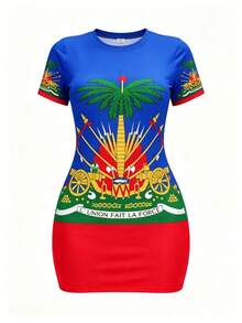 Women's Bodycon Dress, Haitian Print Women's Dress - Short-Sleeved Strapless Dress, Suitable Haitian-Themed Parties, Events, And Cultural Attire, Washable Slim-Fit Bodycon Dress With Ruffled Hem (Blue, Green, And Red Color-Blocking Design) In Plain Fabric - 混合色 - 查看 9