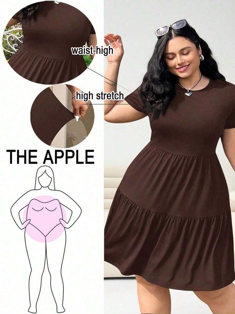 Solflare Vestido casual minimalista de fiesta y salida para mujer de talla grande, de unicolor, cuello redondo y plisado - Café integral - Ver 1