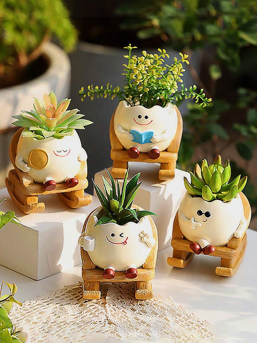 Smiling Face Planter Pot With Cute Rocking Chair Design And Drainage Holes. This Fun Little Planter Is Perfect For Indoor Succulent Planting And Makes A Unique Gift For Plant Lovers. - Multicolor - View 1