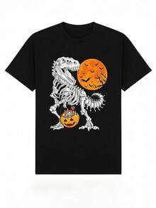 Women's Soft And Casual Short-Sleeved Crew Neck T-Shirt, Ideal For Summer, With Halloween Designs: Jack-O'-Lantern, Tyrannosaurus Rex, Christmas Candy, "Trick Or Treat", Western Holiday, Urban Style, Home, Halloween Skeleton T-Shirt With T-Rex Design And Pumpkin Candy Bucket. White Color. - 黑色 - 查看 7