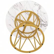 Dining Table Set (5 Pieces), Dining Table Set With 4 Chairs, Modern Kitchen Dining Table Set, 100cm Diameter Round Kitchen Table With Metal Legs, MDF Tabletop With Marble Effect, Grey Velvet Dining Chairs - Gold - View 9