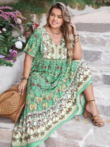 Women Plus Size Floral V-Neck Loose Dress Beach Holiday Summer Party Wedding Season Music Festival Vacation Elegant - màu xanh lá - Xem 13