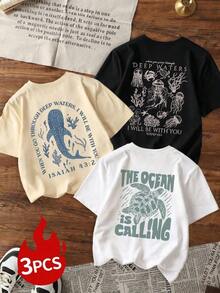 3pcs Women's Casual Colorful Letter, Sea, Turtle, Dolphin, Jellyfish Graphic Print Round Neck Short Sleeve T-Shirt Set, Versatile & Practical, Suitable For Women's Tops, Holiday Leisure, And Spring Wear Summer - Nhiều màu 3 - Xem 2