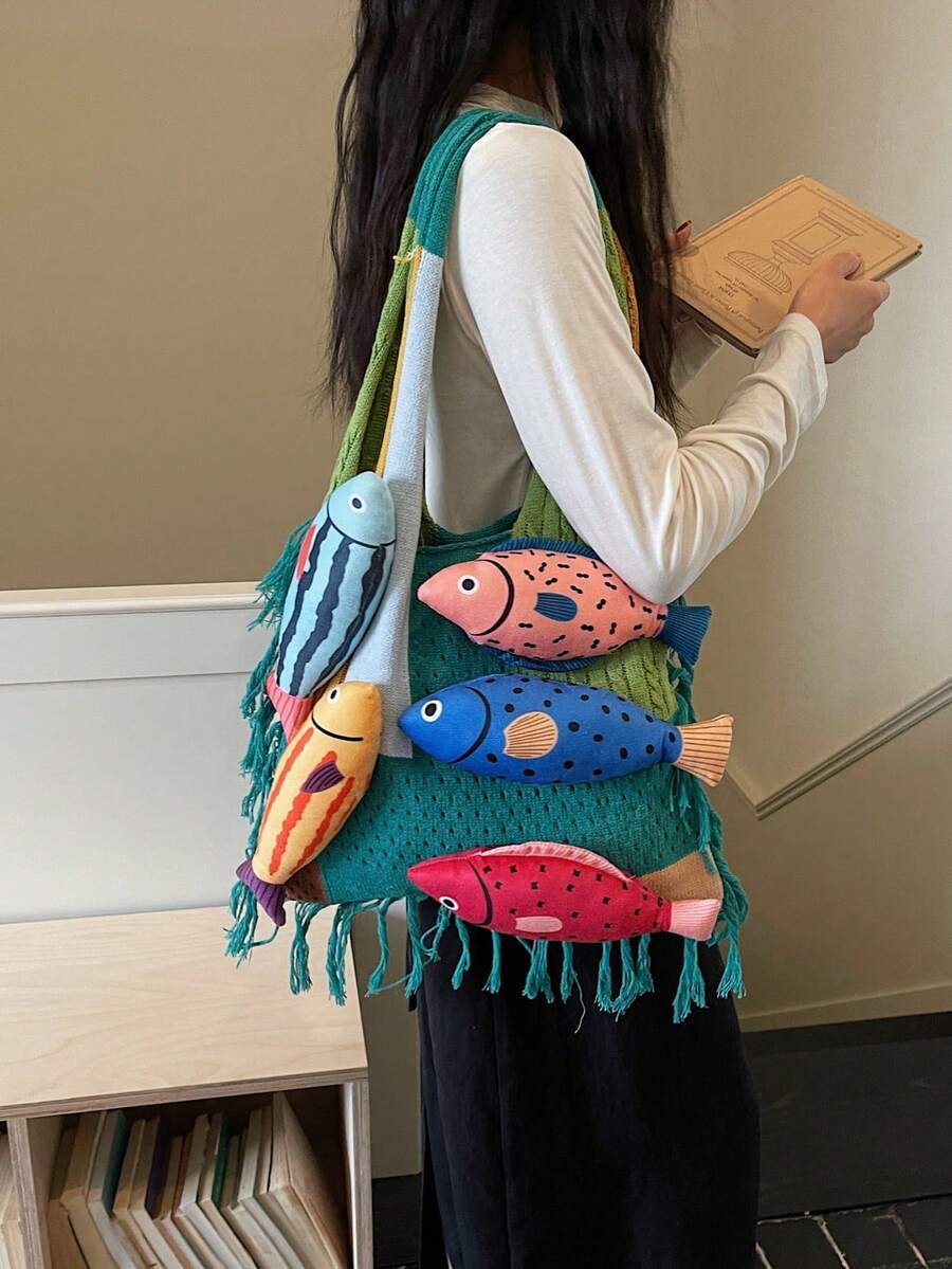 1pc Colorblock Fish Design Large Capacity Shoulder Tote Bag, Fashionable Crochet Bag, Bohemian Style Beach Vacation Daily Use For Women - Green - View 1