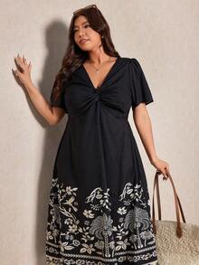 Elaquor Vestido casual de vacaciones de talla grande con cuello en V y cintura ceñida - Multicolor 2 - Ver 4