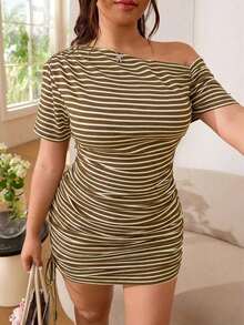 Solflare Vestido casual versátil de primavera/verano, adecuado para salidas, uso diario, fiestas, festivales de música, regreso a la escuela, graduación, vacaciones, bodas, hogar, transporte, ropa de calle. Hombro asimétrico, tela de punto acanalada a rayas en color albaricoque y negro, elástica, longitud ajustable, manga corta, fruncido en todo el Body, corto, ajustado, talla grande - Café integral - Ver 5