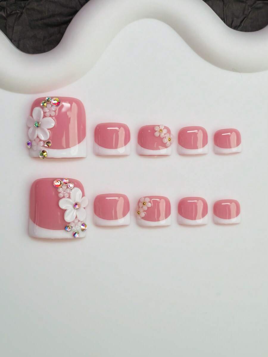14pcs/Set Handmade Nail Art Stickers, Y2K Baddie Style, Nude & White Nail Wraps With French Tips, Floral, Rhinestone Designs, Suitable For Party, Wedding, Daily Wear, Includes Tool Kit, Great Gift For Women & Girls (4 Extra Nails Included) - Multicolor - View 1