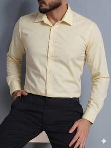 Men's Long-Sleeved Slim Fit Dress Shirt In Microfiber Fabric - 黃色 - 查看 2