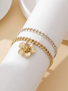 1 Set Minimalist White Design Wheat Ear Chain & Gold Textured Plumeria Pendant Anklet, Suitable For Holiday/Travel Wear - Yellow Gold - View 5