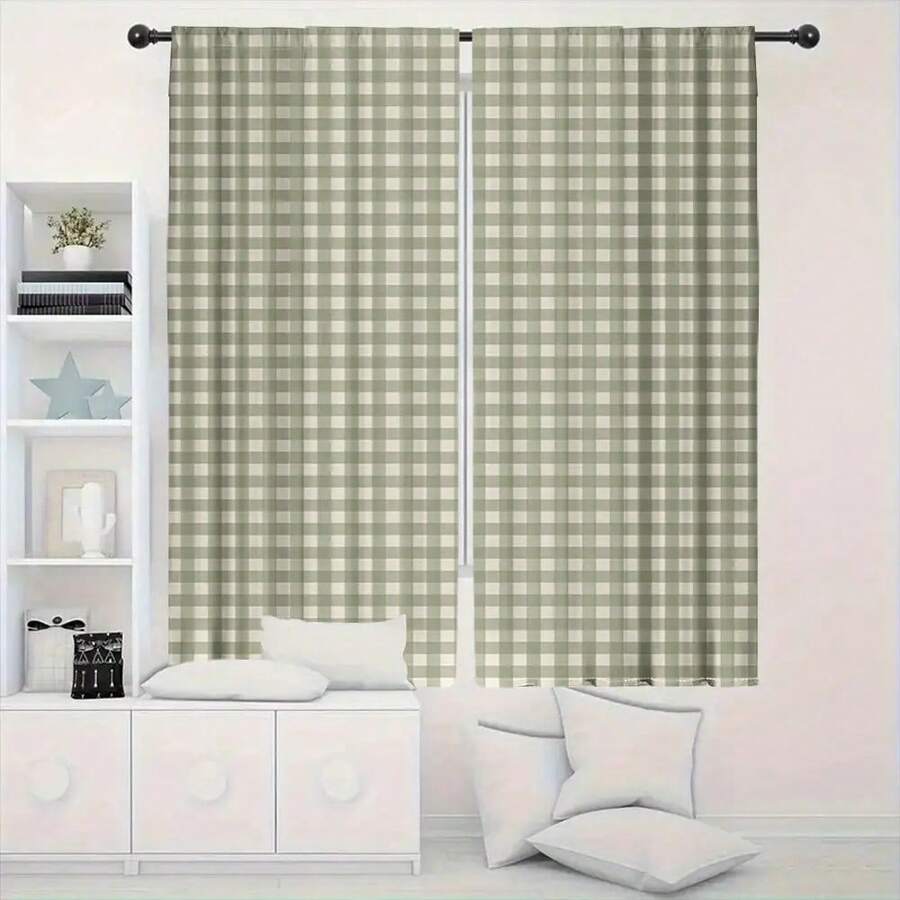 2pcs Olive Green And Cream Plaid Striped Curtains, 23.62X 59.06Inch- Light Translucent, Suitable For Living Room, Bedroom Or Kitchen Decoration Modern Design, Living Room Curtains - Multicolor - View 1