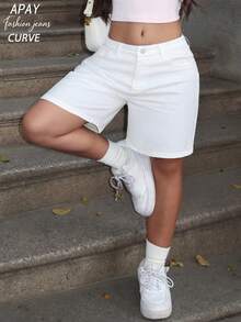 Plus Size Women's Solid Color Bermuda Casual Denim Shorts White Summer - White - View 5