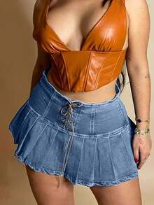 Váy xếp ly phong cách Y2K mùa hè, váy denim mini gợi cảm buộc dây, dễ phối đồ cho nữ, thích hợp mặc hàng ngày, đi nghỉ mát. - Màu xanh lam - Xem 7