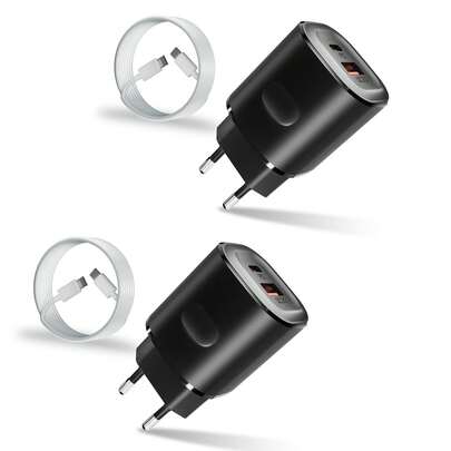 JcBlaon 20W Dual Port (1 USB-C And 1 USB-A) GaN Fast Charger, With 1M Type-C Cable, Dual Port PD Fast Charger For IPhone 11/12/13/14/Pro Max, XS/XR/X, Black