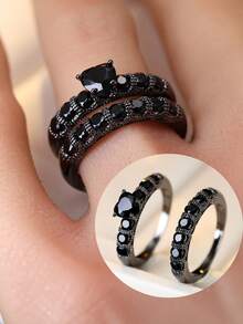 1 Set Black Gun Color Heart Shaped Main Diamond Pave Ring, Vintage Stackable Rings - Gun Black - View 4