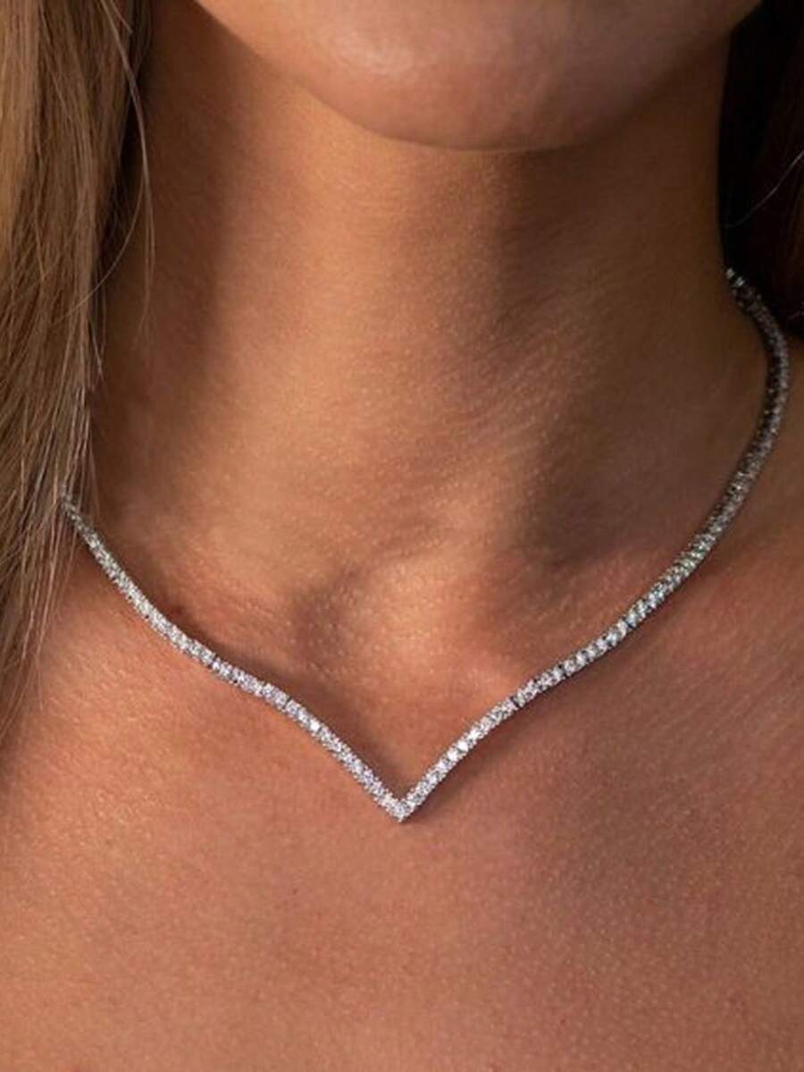 1pc Elegant Crystal Necklace, Fashion Jewelry Accessory For Women, Suitable For Bridal Wedding Party Dress - Silver - View 1