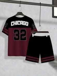 KOVSEE Set 2pcs/Set Kaos Pria Tema Chicago Ukuran Besar dengan Angka dan Logo '32' dan Celana Pendek yang Serasi - Pakaian Olahraga Musim Panas - Burgundy - View 2