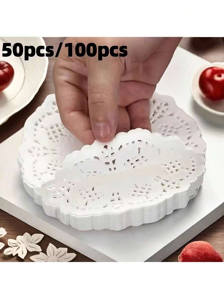 100/50pcs Round Lace Paper Doilies, Suitable For Fried Foods, Desserts, Cookies, Wedding Table Decor, Cookie Cake Mats, Kitchen Utensils, Kitchen Accessories, Kitchen Supplies, Halloween, Christmas - View 1