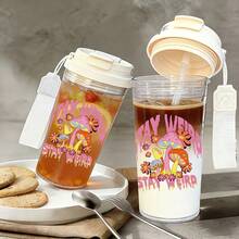 1/5個 500ml「Stay Weird」復古蘑菇主題便攜旅行杯 - 透明咖啡杯，防漏水瓶附吸管與掛繩，適合旅行、學校、辦公室及日常使用 - 獨特有趣的禮物，適合女性、學生、復古嬉皮迷和蘑菇愛好者 - 多色-字母2 - 查看 1