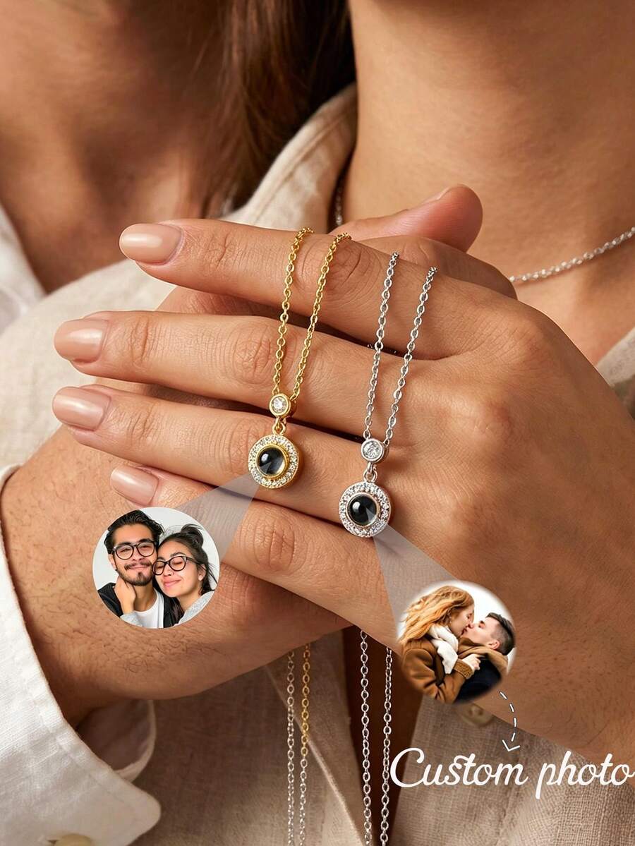 Bộ 2 dây chuyền chiếu ảnh đôi tùy chỉnh, mặt dây chuyền hình trái tim bằng thép không gỉ, quà tặng trang sức kỷ niệm và ngày Valentine. - Kiểu 1 - Bộ máy chiếu - Xem 1
