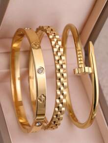 3 piezas/1 pieza Brazalete vintage de acero inoxidable dorado con diseño hueco para mujeres, adecuado para uso diario, accesorios de fiesta, regalo para amigos - estilo diamante - Ver 12