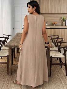 Weeklong Vestido holgado de lino con dobladillo de encaje en forma de A para mujer de talla grande, adecuado para primavera/verano, uso en casa y vacaciones - Caqui - Ver 2
