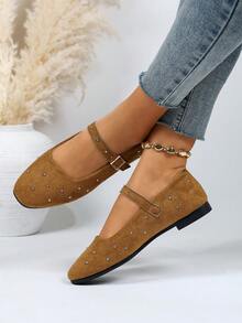 Women's French Rhinestone Vintage Mary Jane Flat Shoes, Strap Square Toe Soft Sole, Multiple Colors, Versatile For Spring/Summer - Brown - View 3