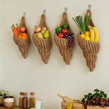 Yungyan - Juego de 4 cestas colgantes de frutas y verduras para colgar en la pared, para cocina, tela a mano, frutas, patata, cebolla, ajo, verduras, caracola para el hogar, bolsas de almacenamiento - como en la foto - Ver 2