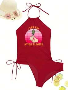 Women'S I Can Buy Myself Flowers Halter Neck Two-Piece Tankini Swimsuit, High-Stretch Pink White Print Beachwear - 紅色 - 查看 7