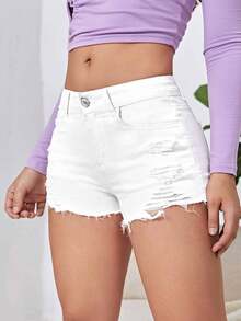 Pantalones cortos de mezclilla para mujer con bolsillos y bajo deshilachado - Blanco - Ver 5