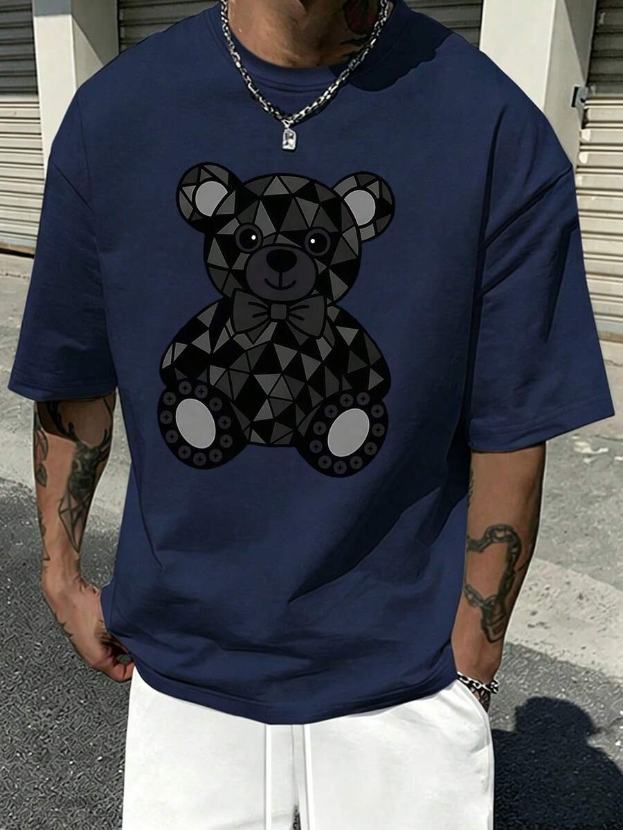 Nuevo hombre camiseta manga corta patrón de moda estampado diseño sentido casual cuello redondo pullover camiseta hombre top - Azul oscuro - Ver 1