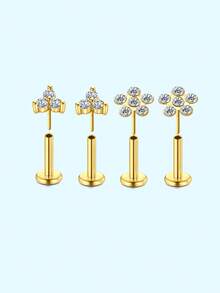 4件套可爱耳环耳钉唇钉美杜莎耳钉不锈钢鼻钉心形、蝴蝶、花朵锆石多款耳骨、耳屏、耳廓、耳垂耳环男女通用耳唇鼻穿孔饰品低过敏性无螺纹设计按压式，日常佩戴节日生日精美礼物 - 銀色/金色 - 查看 20