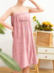 2pcs Women Letter & Floral Embroidery Pink Robe With Matching Bathrobe Caps, Suitable For Homewear Summer Wedding Home Bathroom Decor Back To School - Bean Paste Embroidered Bath Skirt and Shower Cap Two-piece Set - View 11