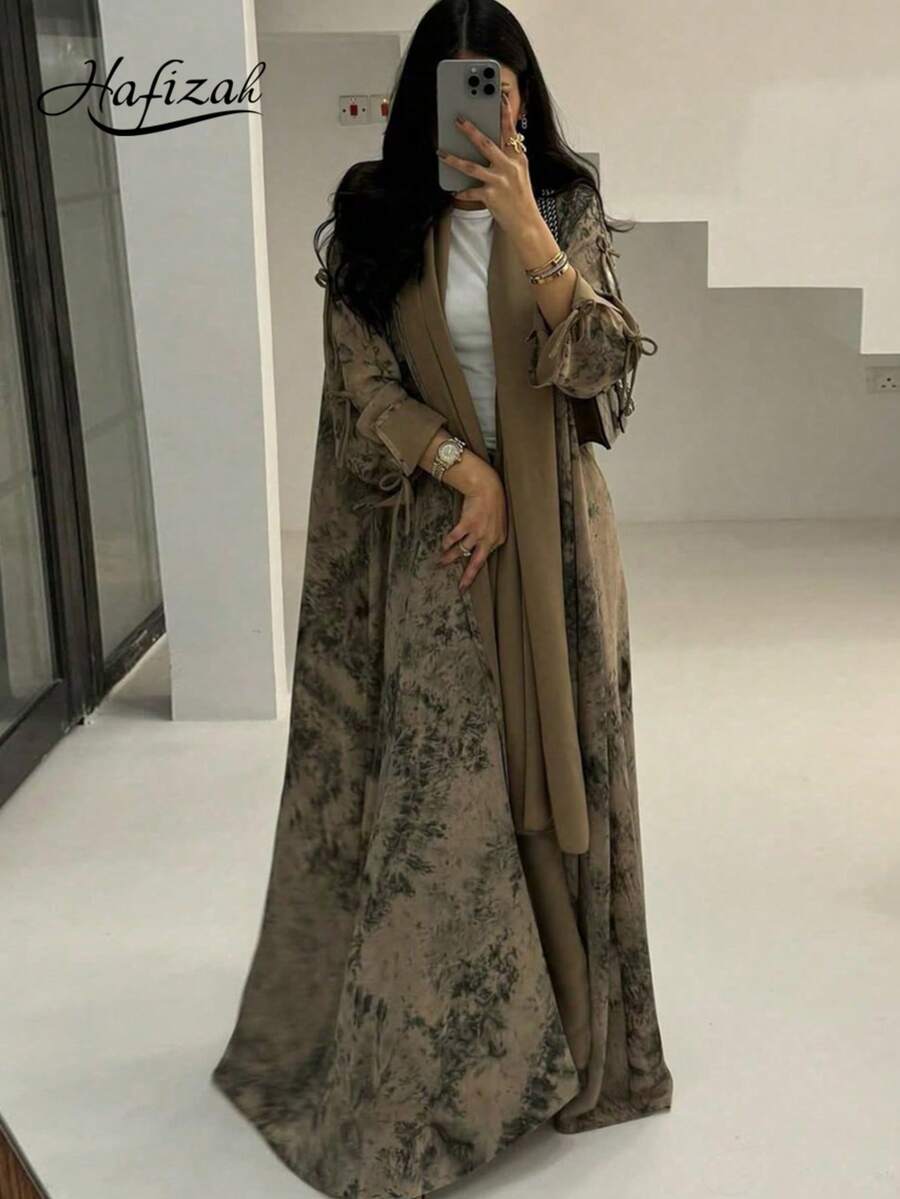 Bộ 2 món áo khoác chiffon in họa tiết thời trang kín đáo kèm khăn trùm đầu, thích hợp cho mùa hè và xuân. - Màu be - Xem 1