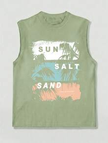 1pc Men's Summer Casual Coconut Tree Color Block Print Round Neck Tank Top - Olive Green - View 2