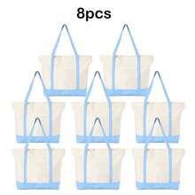 1/4/8pcs 17.7x12.6x5.9inch Large Capacity Natural Color Contrast Color Canvas Multi-Piece Set, Wedding Bachelorette Party SPA Gift Tote Bag, Travel Storage Bag, Shopping Bag, Mommy Bag, Beach Bag, Essential For Wedding Theme Party - Beige Color Blocking - L - View 26