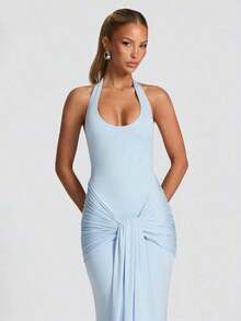 Elegant Sexy Halter Neck Ruched Waist Party Dress, Fashionable Cocktail Gown For Formal Events, Mermaid Style Long Cocktail Dress, Bridesmaid Or Guest Dress, Soft And Stretchy Fabric For Sexy Fitted Silhouette Wedding Pink - Màu xanh nhạt - Xem 6