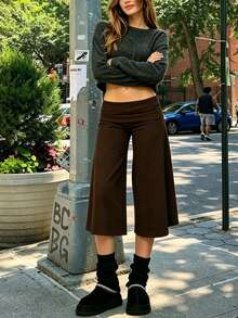 Fold Over Wide Leg Capri Pants For Women Low Rise Lounge Yoga Flare Culottes Y2k Flowy Crop Palazzo Pants - 棕色 - 查看 6